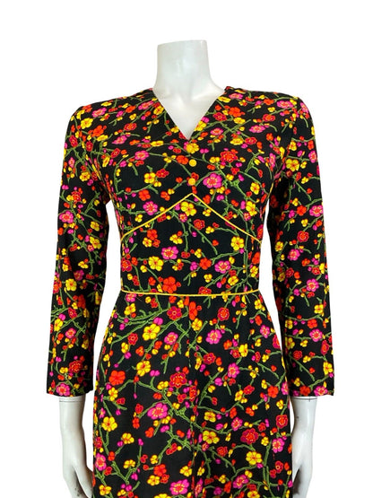 VTG 70S PSYCHDELIC CHERRY BLOSSOM BLACK YELLOW PIINK V NECK LONG SLEEVE DRESS 10