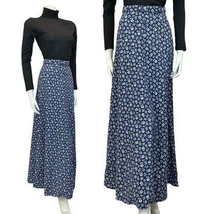 VTG 70S NAVY BLUE WHITE DAINTY FLORAL PATTERNED MAXI SKIRT SIZE 6