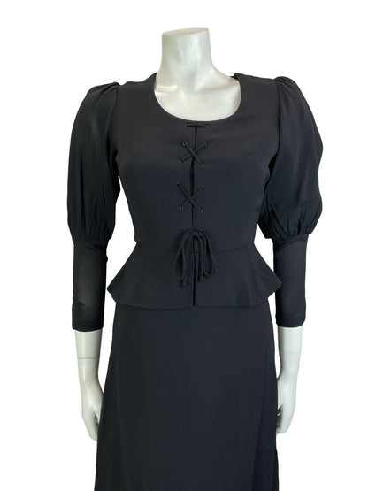 VTG 70S BLACK MEDIEVAL GOTHIC JULIET PUFF SLEEVE PEPLUM LACE UP MIDI DRESS 4 6