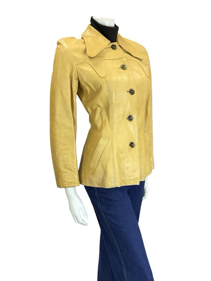 VTG 60S 70S YELLOW LIGHT TAN LEATHER WESTERN BOHO YOKE DOG EAR JACKET 8 10 S