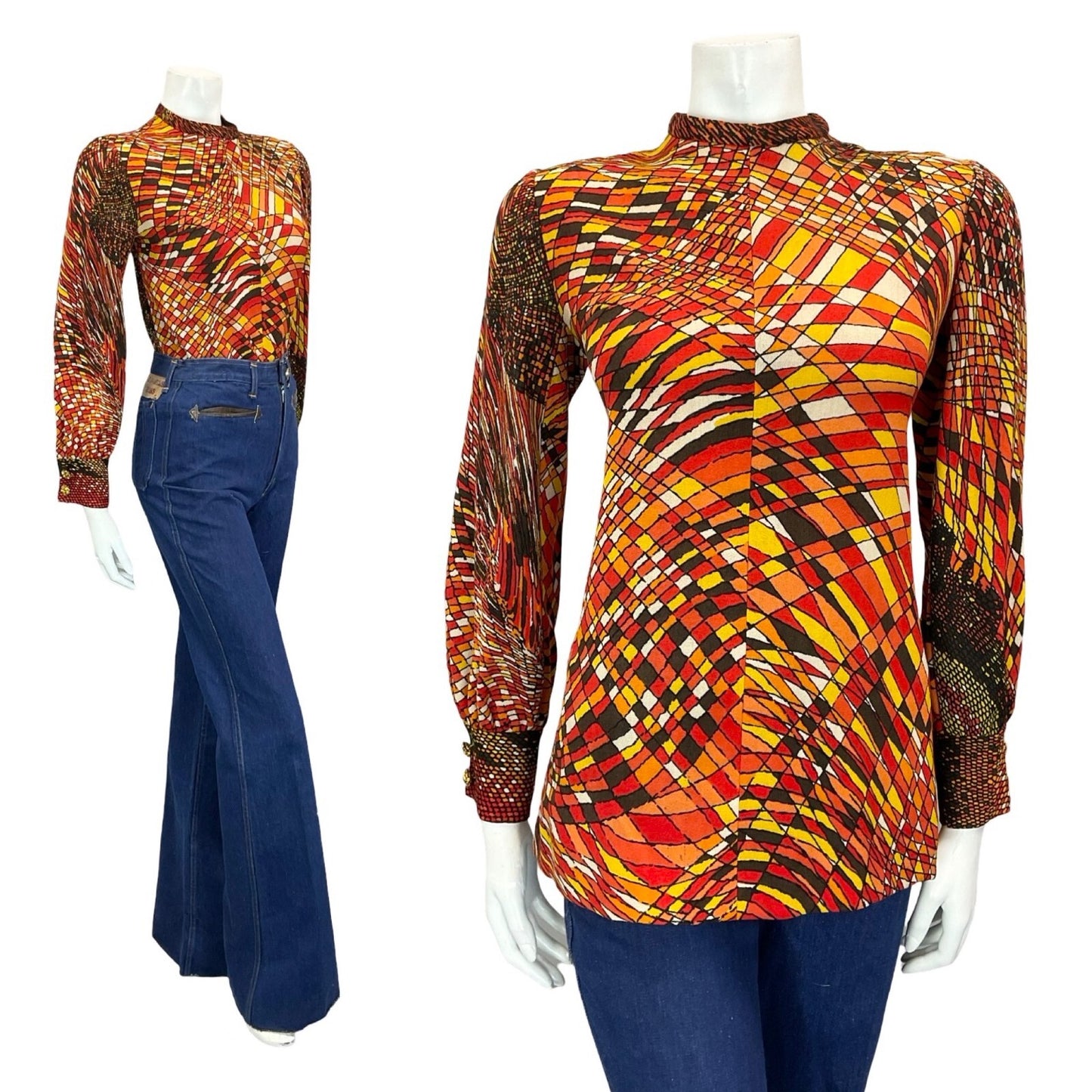 mannequin wears blue flared jeans with a psychedelic brown, orange, red and white geometric long sleeve top
