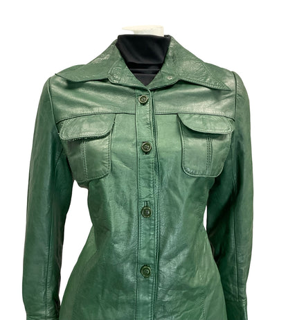 VTG 60S 70S FOREST GREEN DAGGER COLLAR BUTTON DOWN LEATHER JACKET 12 W POCKETS