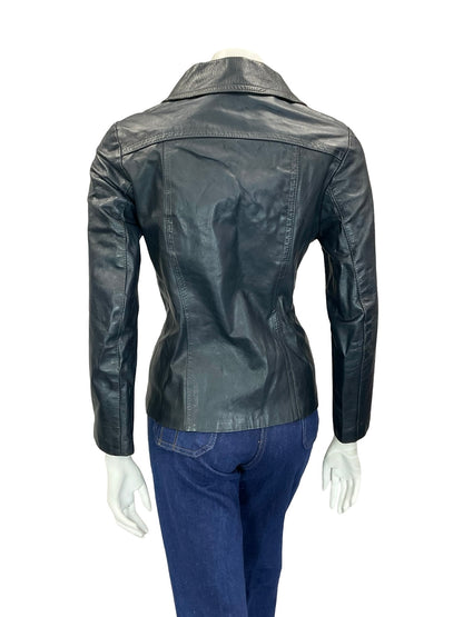VTG 60S 70S DARK NAVY BLUE DOG EAR COLLAR SHORT LEATHER JACKET W POCKETS 8