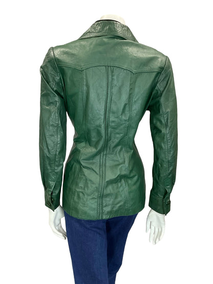 VTG 60S 70S FOREST GREEN DAGGER COLLAR BUTTON DOWN LEATHER JACKET 12 W POCKETS