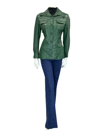 VTG 60S 70S FOREST GREEN DAGGER COLLAR BUTTON DOWN LEATHER JACKET 12 W POCKETS