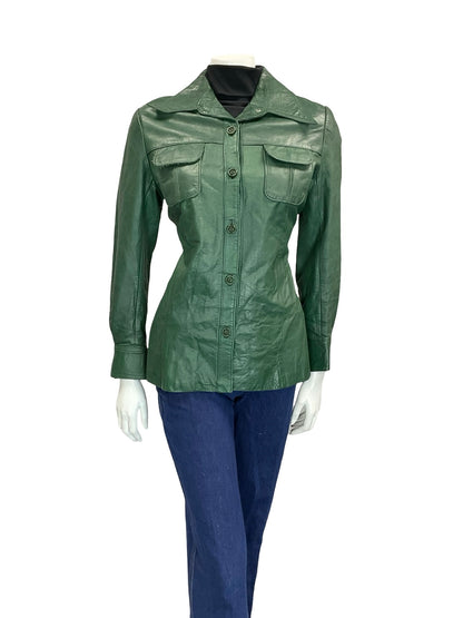 VTG 60S 70S FOREST GREEN DAGGER COLLAR BUTTON DOWN LEATHER JACKET 12 W POCKETS