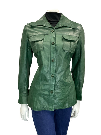 VTG 60S 70S FOREST GREEN DAGGER COLLAR BUTTON DOWN LEATHER JACKET 12 W POCKETS