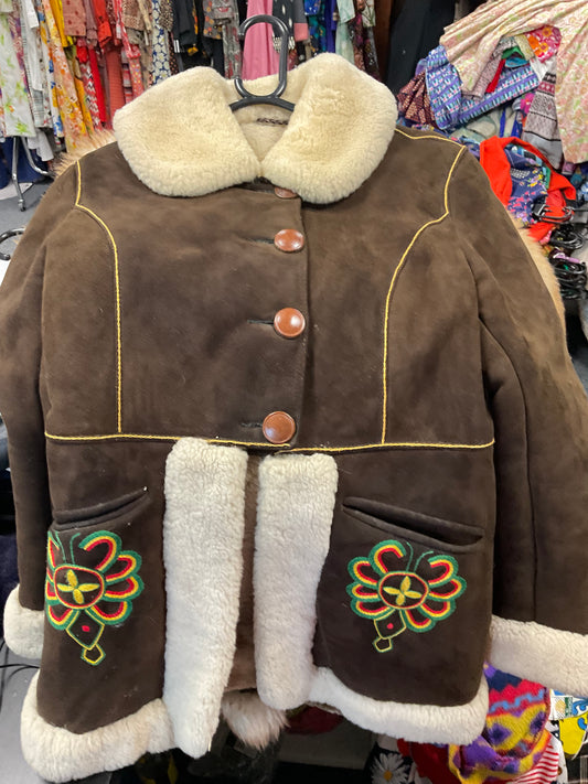VTG 60s 70s DARK BROWN EMBROIDERED CREAM FUR SUEDE BOHO PENNY LANE COAT