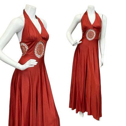Mannequin wears a 70s Arlette Beressi reddish brown lace inlay halter maxi dress.