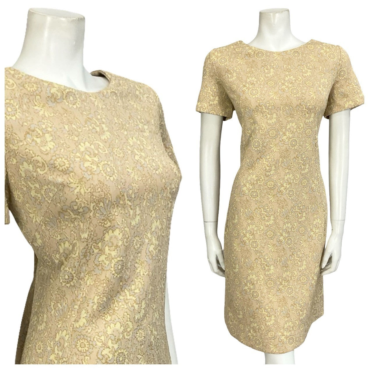 Mannequin wears a gold and beige glittery lurex floral short sleeve shift mod dress. 