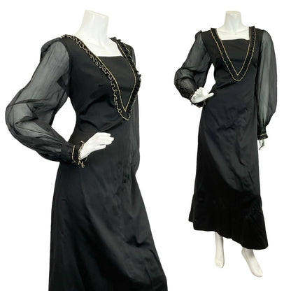 Mannequin wears a black and gold mesh medieval ruffled bib party maxi dress.
