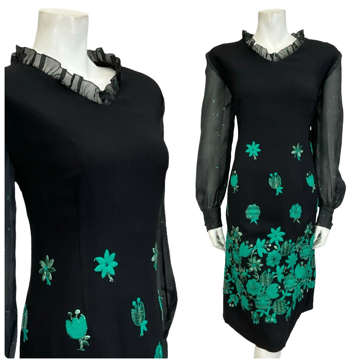 Mannequin wears a black and green floral embroidered shift dress with mesh sleeves and a ruffled neckline.