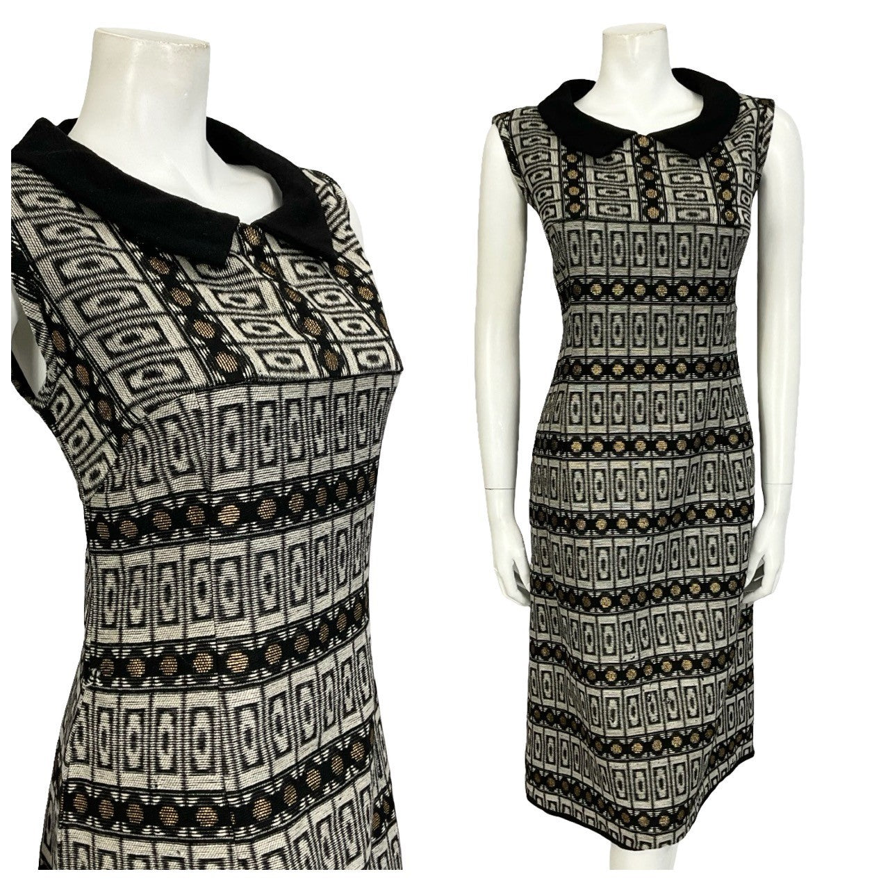 Mannequin wears a black grey and gold geometric peter pan collar sleeveless shift dress. 