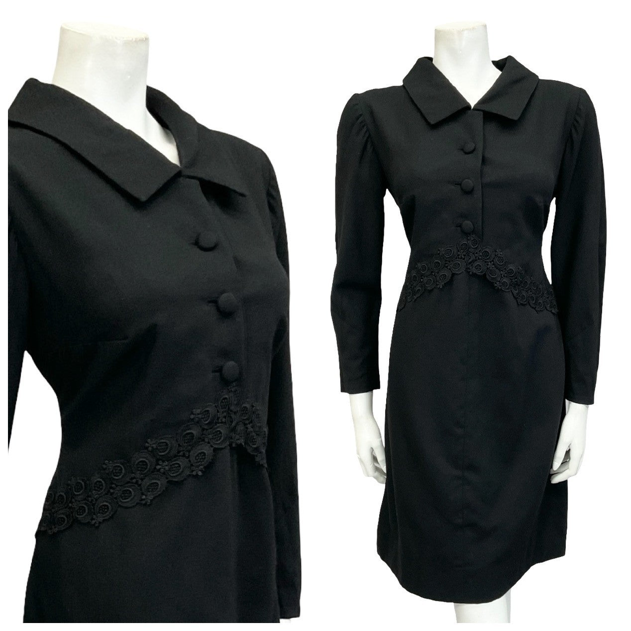 Mannequin wears a 60s 70s black long sleeve shirt dress with a lace empire waistband.