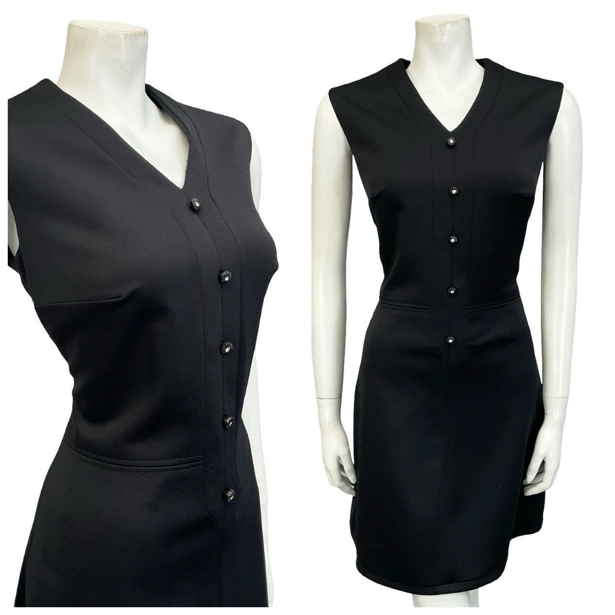 Mannequin wears a 60s sleeveless V neck mod black monochrome mini dress.
