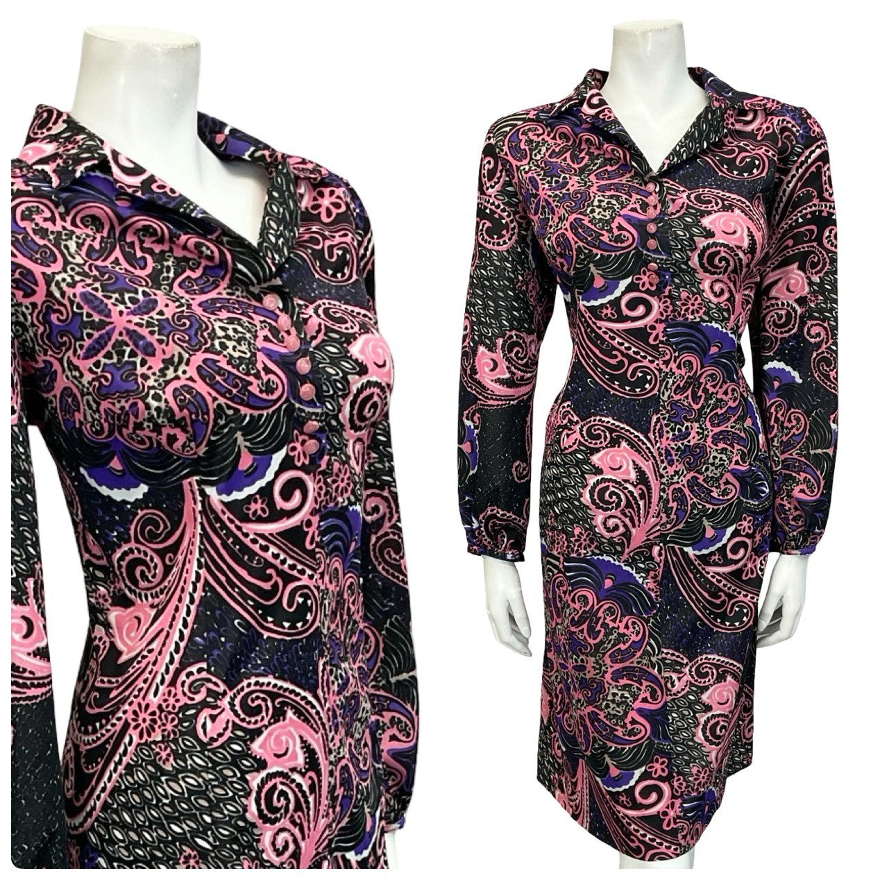 Mannequin wears a black and pink 60s 70s long sleeve psychedelic swirling print shirt dress. 