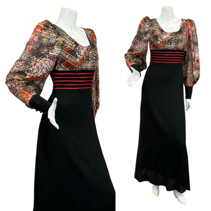 Mannequin wears a 60s 70s bishop sleeve black maxi dress with a glittery striped floral bodice. 