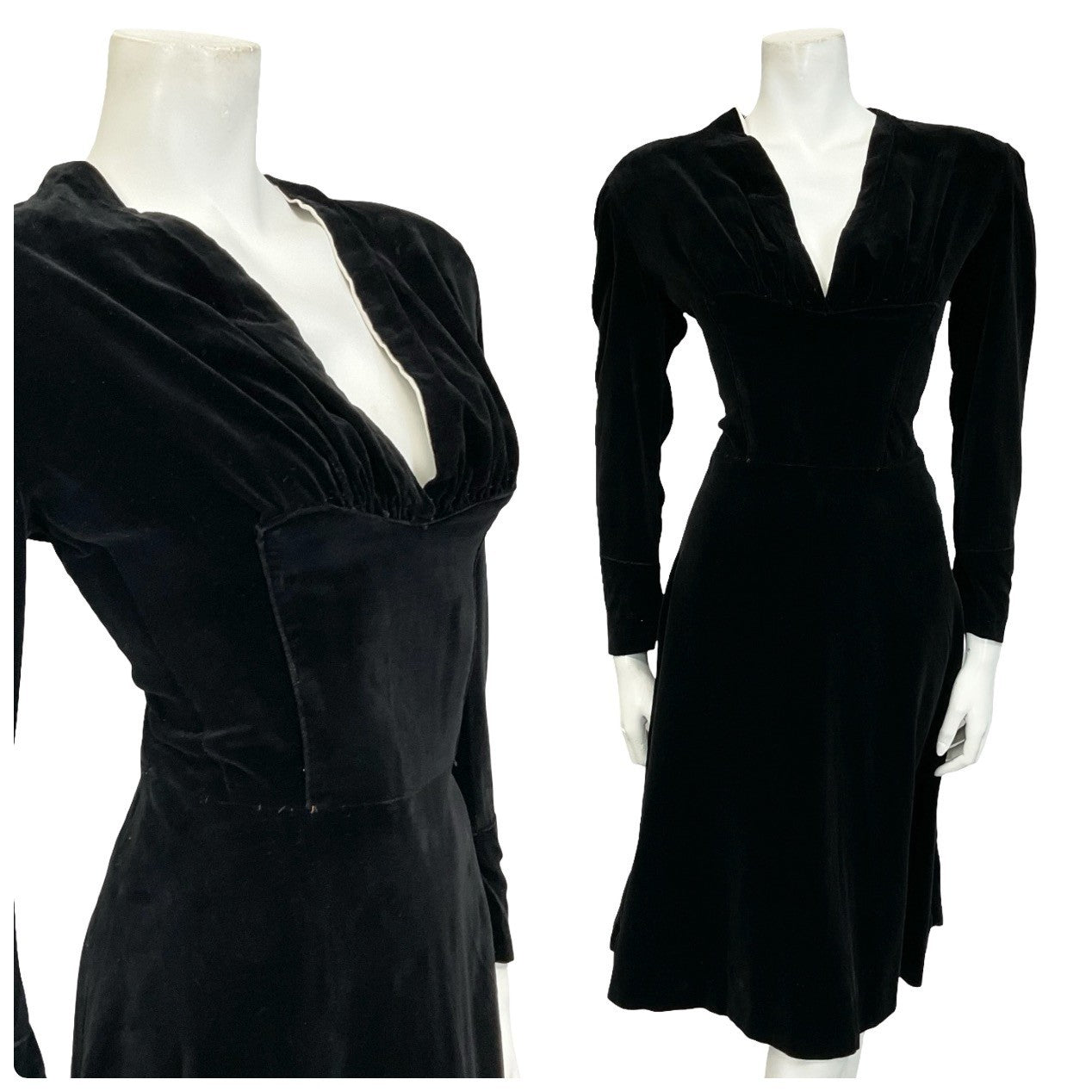 Mannequin wears a handmade 60s 70s long sleeve plunging neck black velvet midi dress.