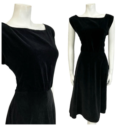 Mannequin wears a 60s handmade black velvet sleeveless rockabilly swing dress with a square neckline