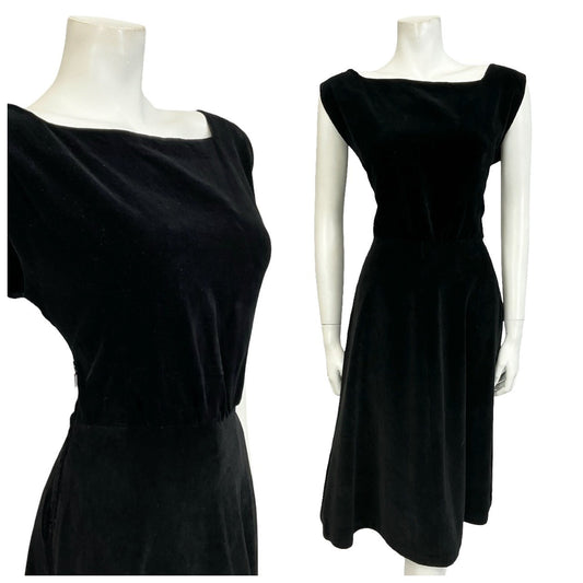 Mannequin wears a 60s handmade black velvet sleeveless rockabilly swing dress with a square neckline