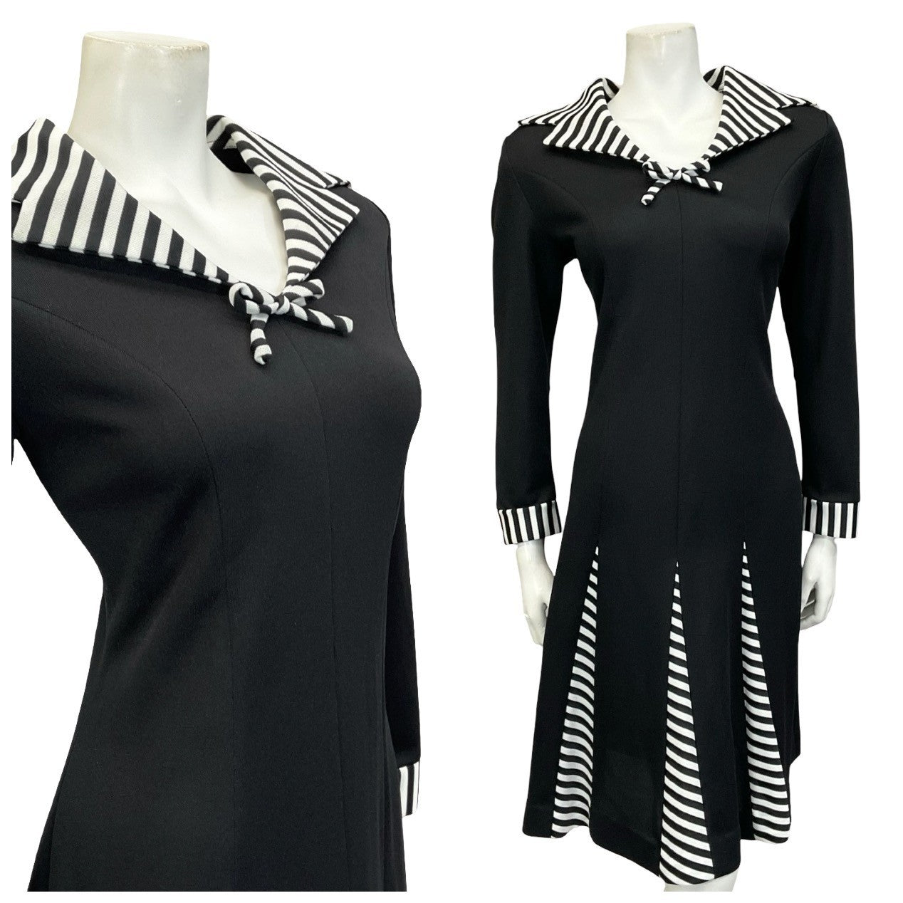 Mannequin wears a black and white 60s 70s long sleeve sailor collar midi dress with godet flared hemline. 