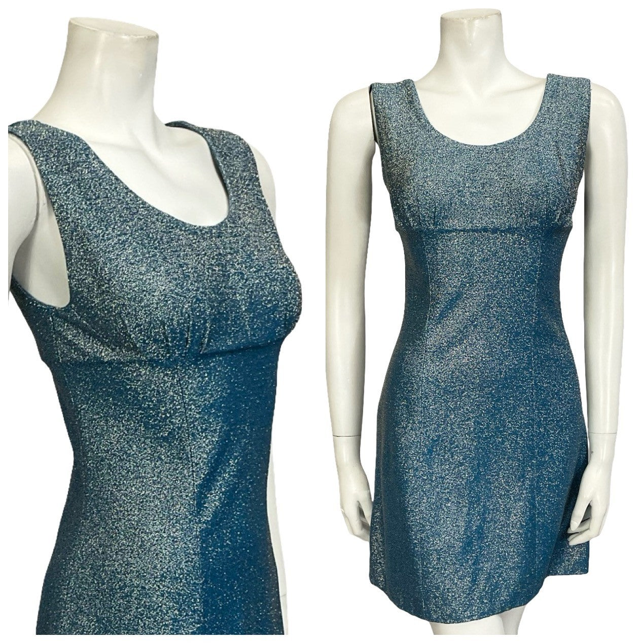 Mannequin wears a blue silver lurex glittery empire gogo mini party dress. 
