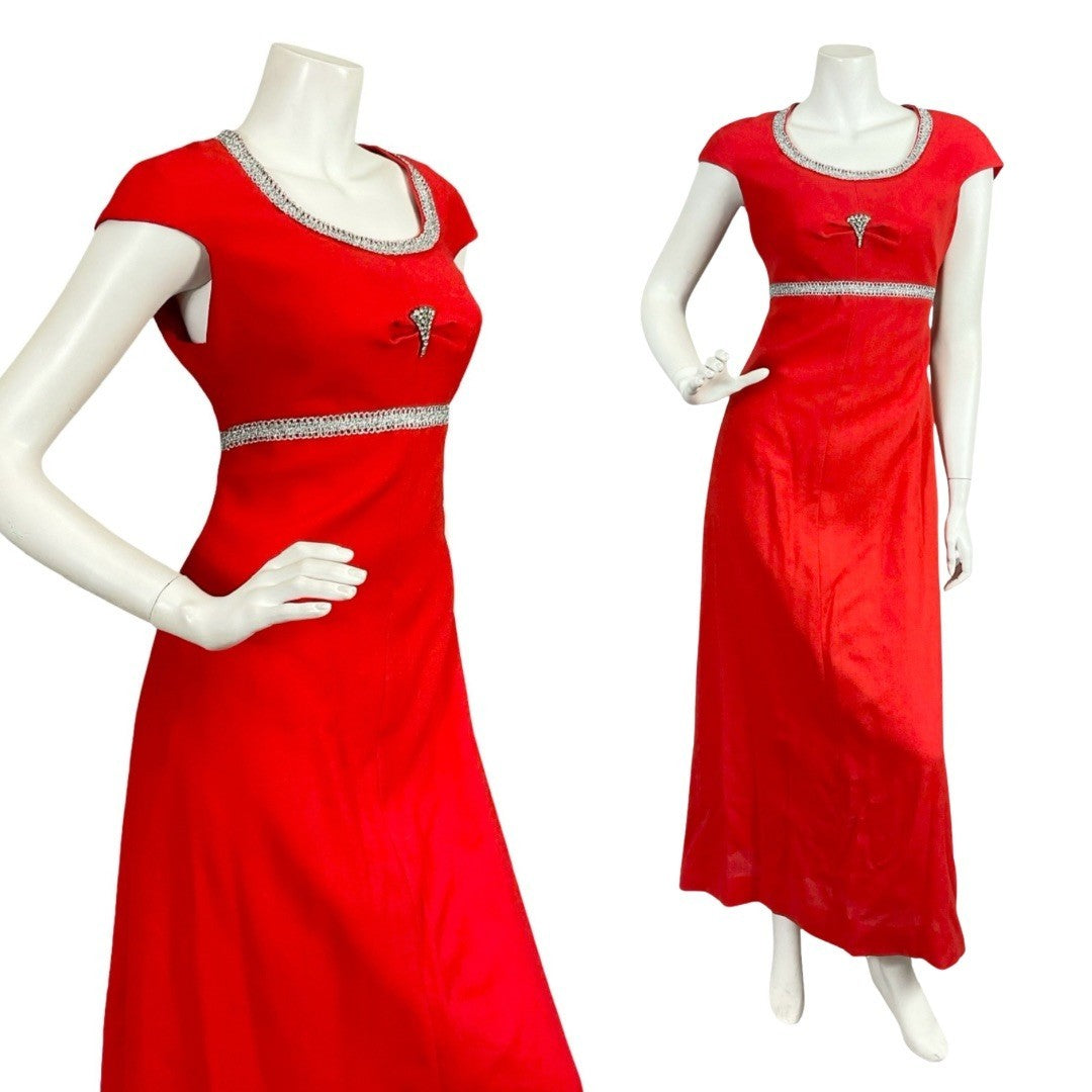 Mannequin wears a 60s 70s red and silver diamante mod cap sleeve empire maxi dress. 
