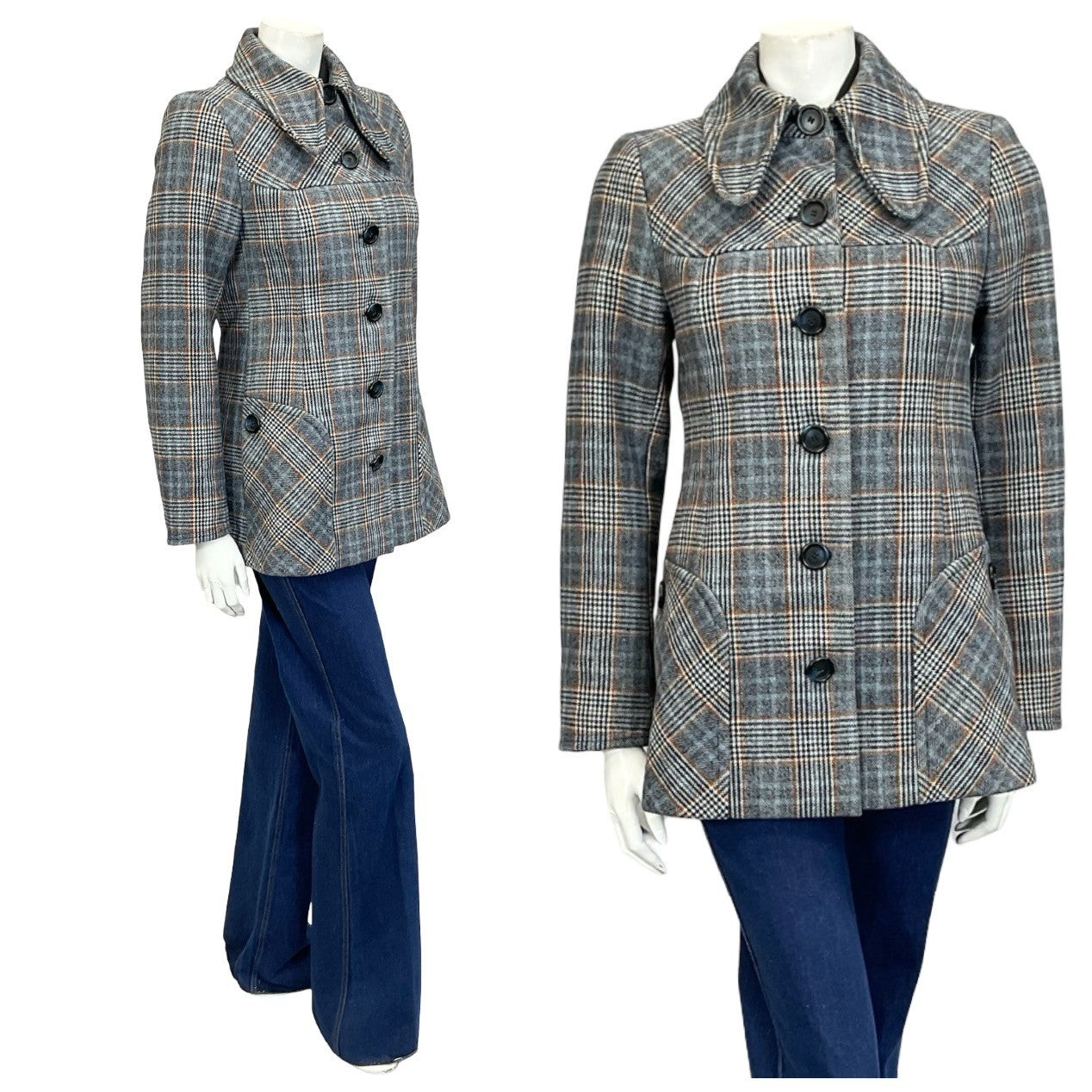 Mannequin wears a 60s mod grey and blue plaid dog ear collar coat with blue flared jeans