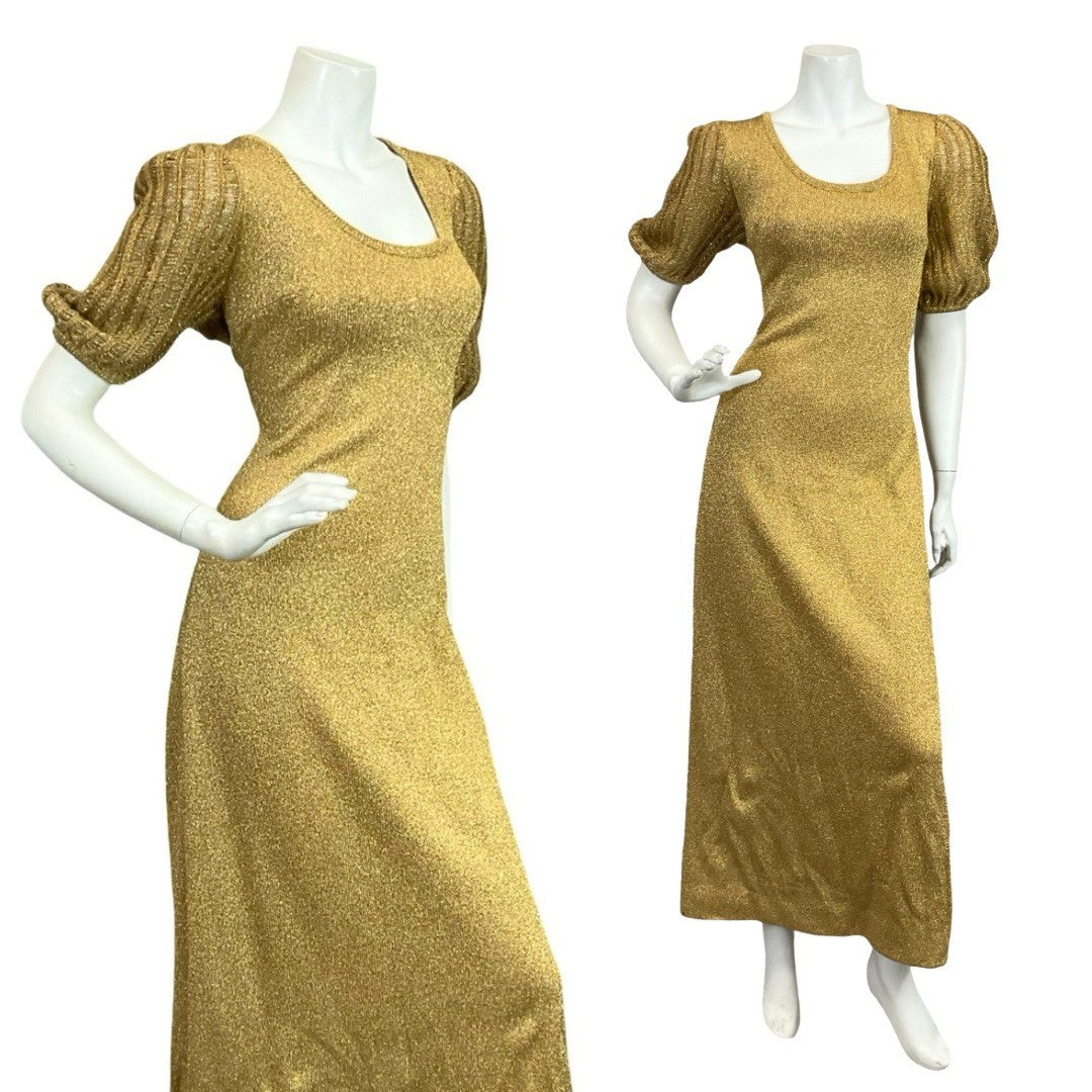 Mannequin wears a 60s 70s gold glittery puff sleeve knitted party maxi dress. 