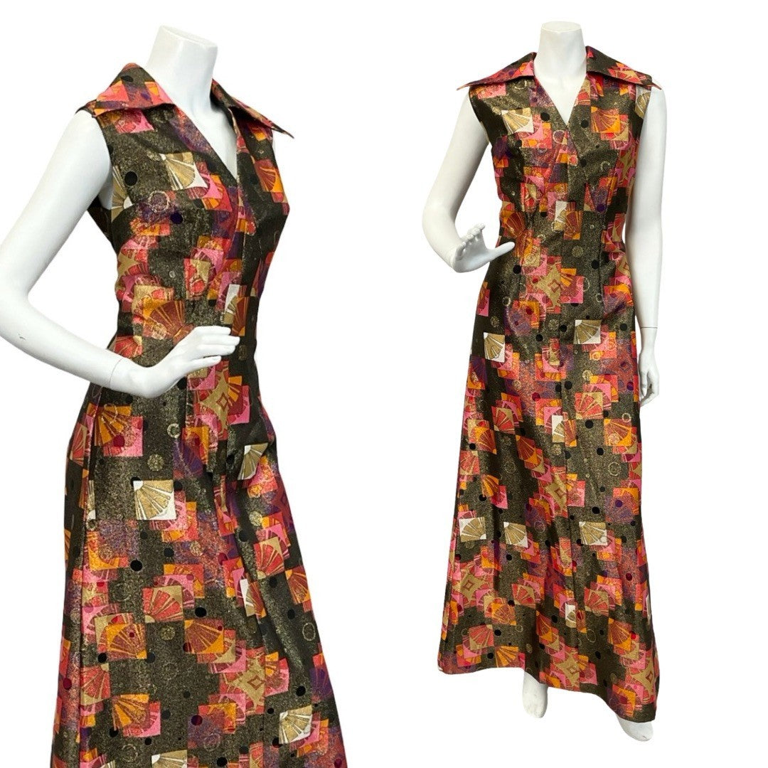 Mannequin wears a 60s 70s gold pink and orange geometric sleeveless dagger collar shift glittery maxi dress. 