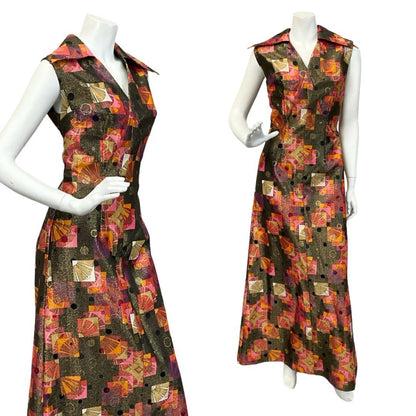 Mannequin wears a 60s 70s gold pink and orange geometric sleeveless dagger collar shift glittery maxi dress. 