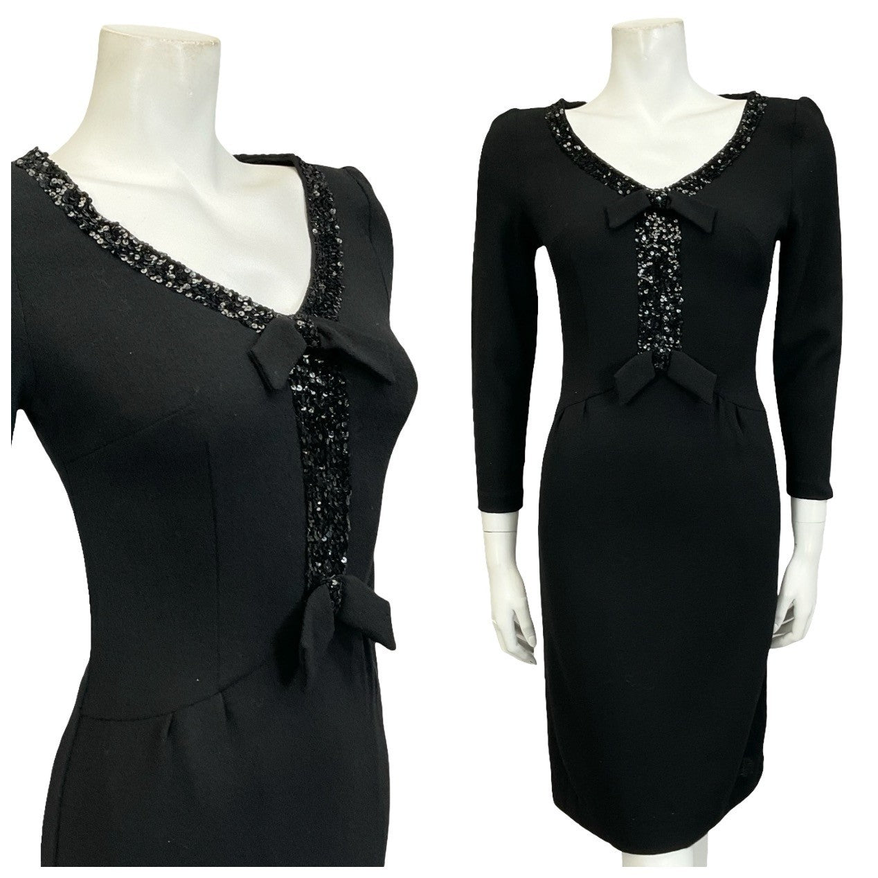 Mannequin wears a 60s mod black pure wool long sleeve wiggle dress with a sequin and bow V - neckline