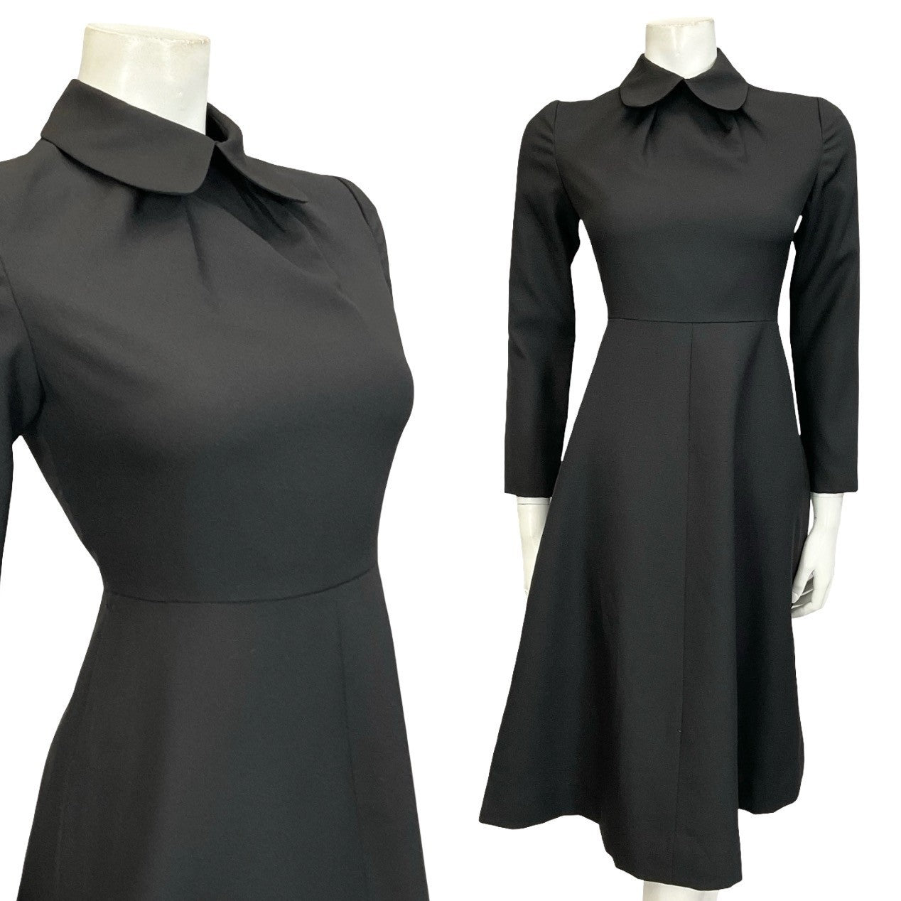 Mannequin wears a 60s 70s long sleeve dog ear collar mod swing mini dress. 