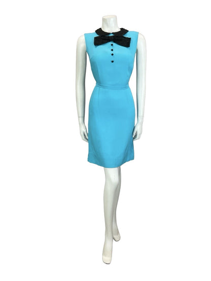 VTG 60S BRIGHT BLUE BLACK LACE BOW MOD TIE WAIST WIGGLE SLEEVELESS DRESS 8