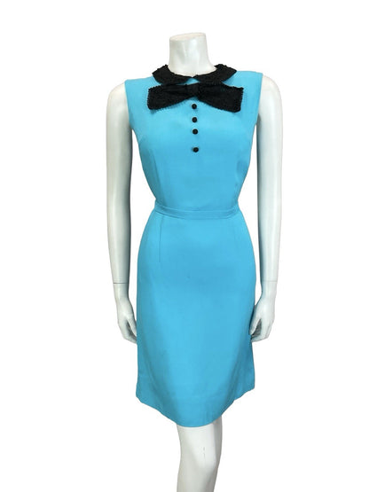 VTG 60S BRIGHT BLUE BLACK LACE BOW MOD TIE WAIST WIGGLE SLEEVELESS DRESS 8