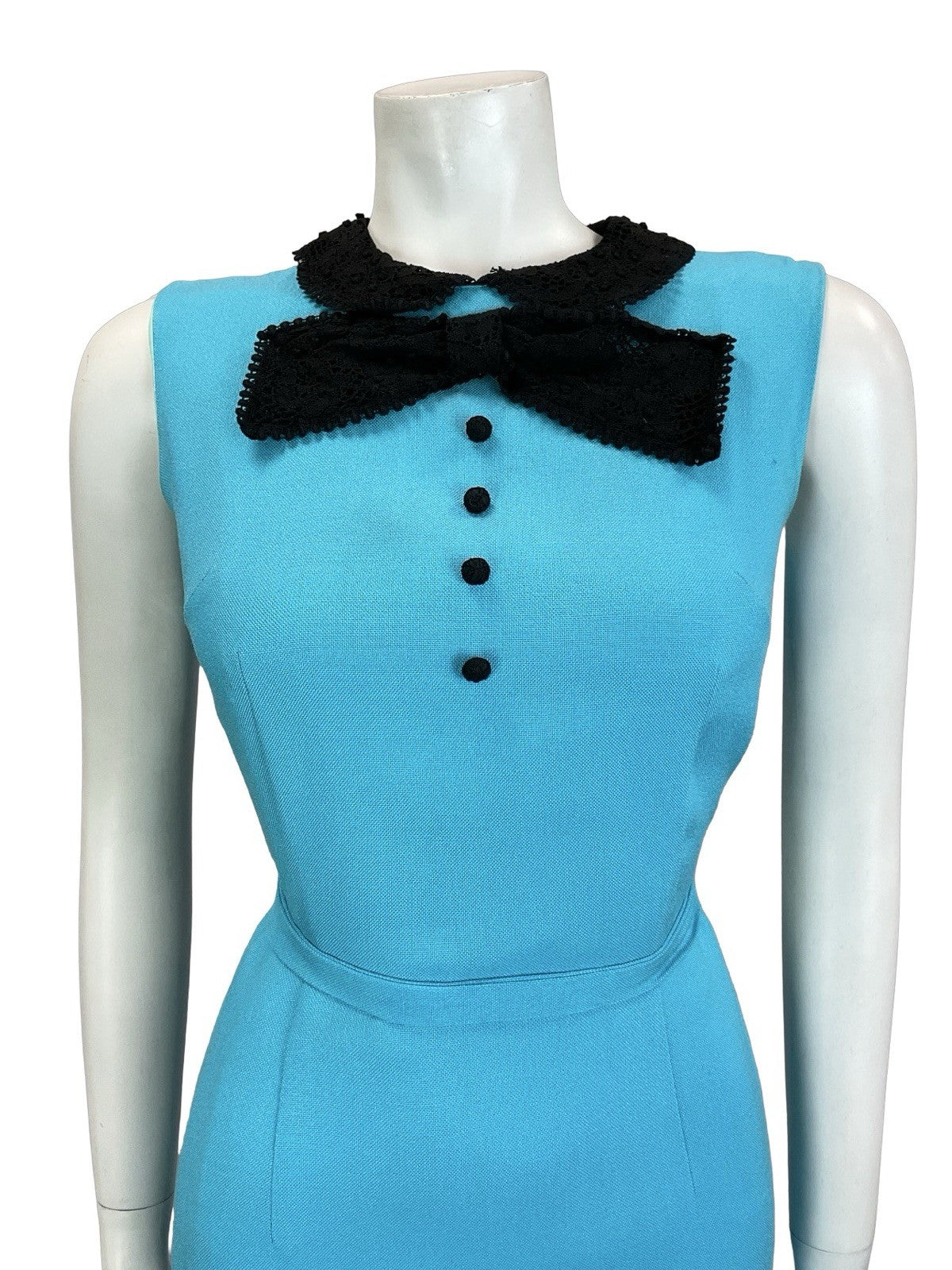 VTG 60S BRIGHT BLUE BLACK LACE BOW MOD TIE WAIST WIGGLE SLEEVELESS DRESS 8