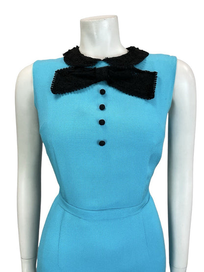 VTG 60S BRIGHT BLUE BLACK LACE BOW MOD TIE WAIST WIGGLE SLEEVELESS DRESS 8