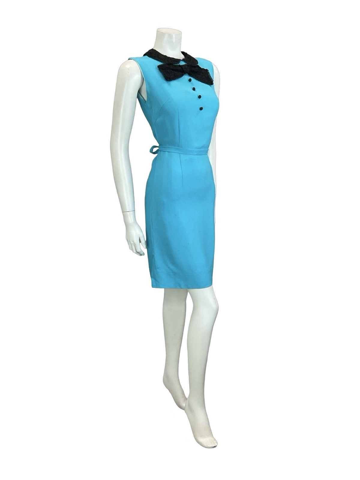 VTG 60S BRIGHT BLUE BLACK LACE BOW MOD TIE WAIST WIGGLE SLEEVELESS DRESS 8