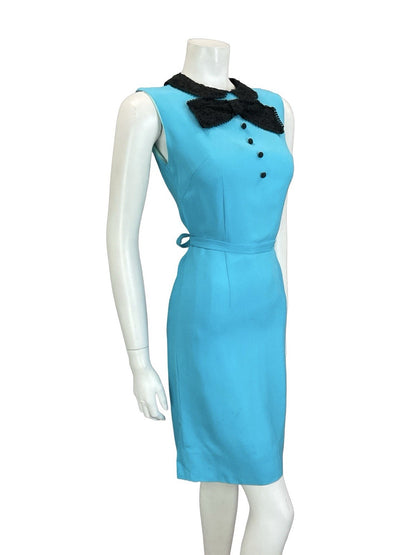 VTG 60S BRIGHT BLUE BLACK LACE BOW MOD TIE WAIST WIGGLE SLEEVELESS DRESS 8