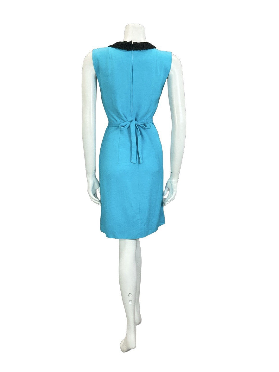 VTG 60S BRIGHT BLUE BLACK LACE BOW MOD TIE WAIST WIGGLE SLEEVELESS DRESS 8