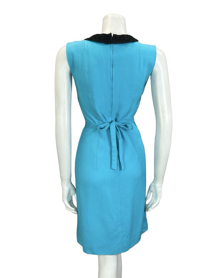 VTG 60S BRIGHT BLUE BLACK LACE BOW MOD TIE WAIST WIGGLE SLEEVELESS DRESS 8