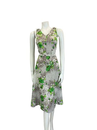 VTG 60S 70S WHITE BROWN GREEN STRIPE FLORAL IVY LEAFY TIE WAIST MIDI DRESS 10 12