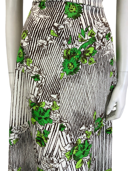 VTG 60S 70S WHITE BROWN GREEN STRIPE FLORAL IVY LEAFY TIE WAIST MIDI DRESS 10 12