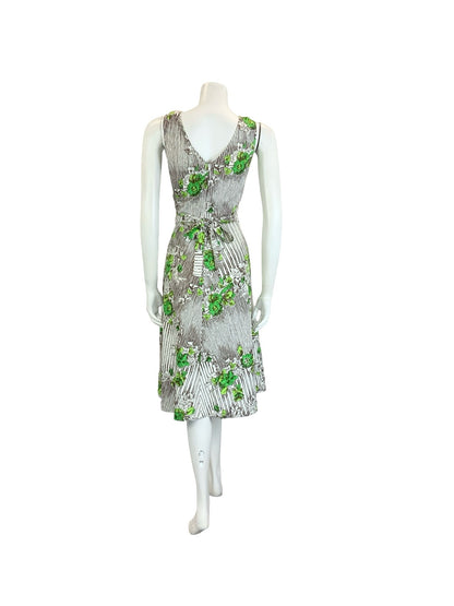 VTG 60S 70S WHITE BROWN GREEN STRIPE FLORAL IVY LEAFY TIE WAIST MIDI DRESS 10 12