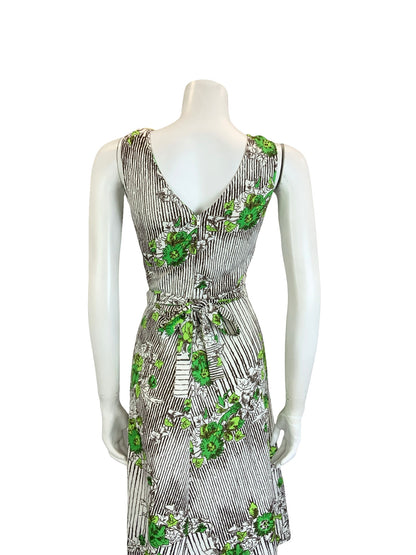 VTG 60S 70S WHITE BROWN GREEN STRIPE FLORAL IVY LEAFY TIE WAIST MIDI DRESS 10 12