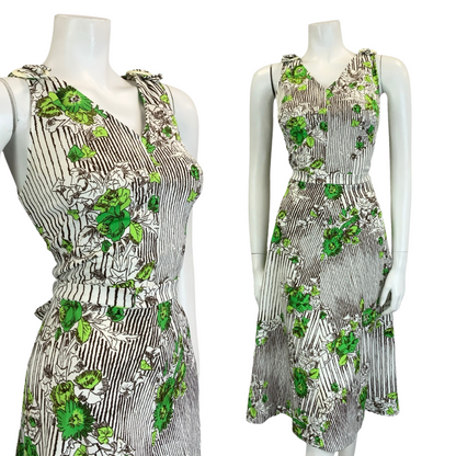 VTG 60S 70S WHITE BROWN GREEN STRIPE FLORAL IVY LEAFY TIE WAIST MIDI DRESS 10 12
