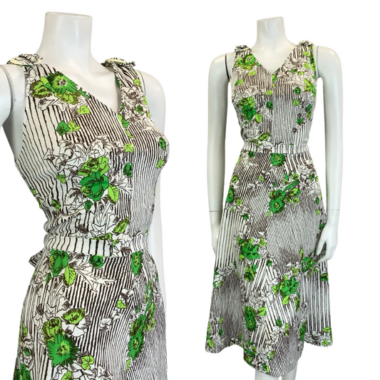 VTG 60S 70S WHITE BROWN GREEN STRIPE FLORAL IVY LEAFY TIE WAIST MIDI DRESS 10 12