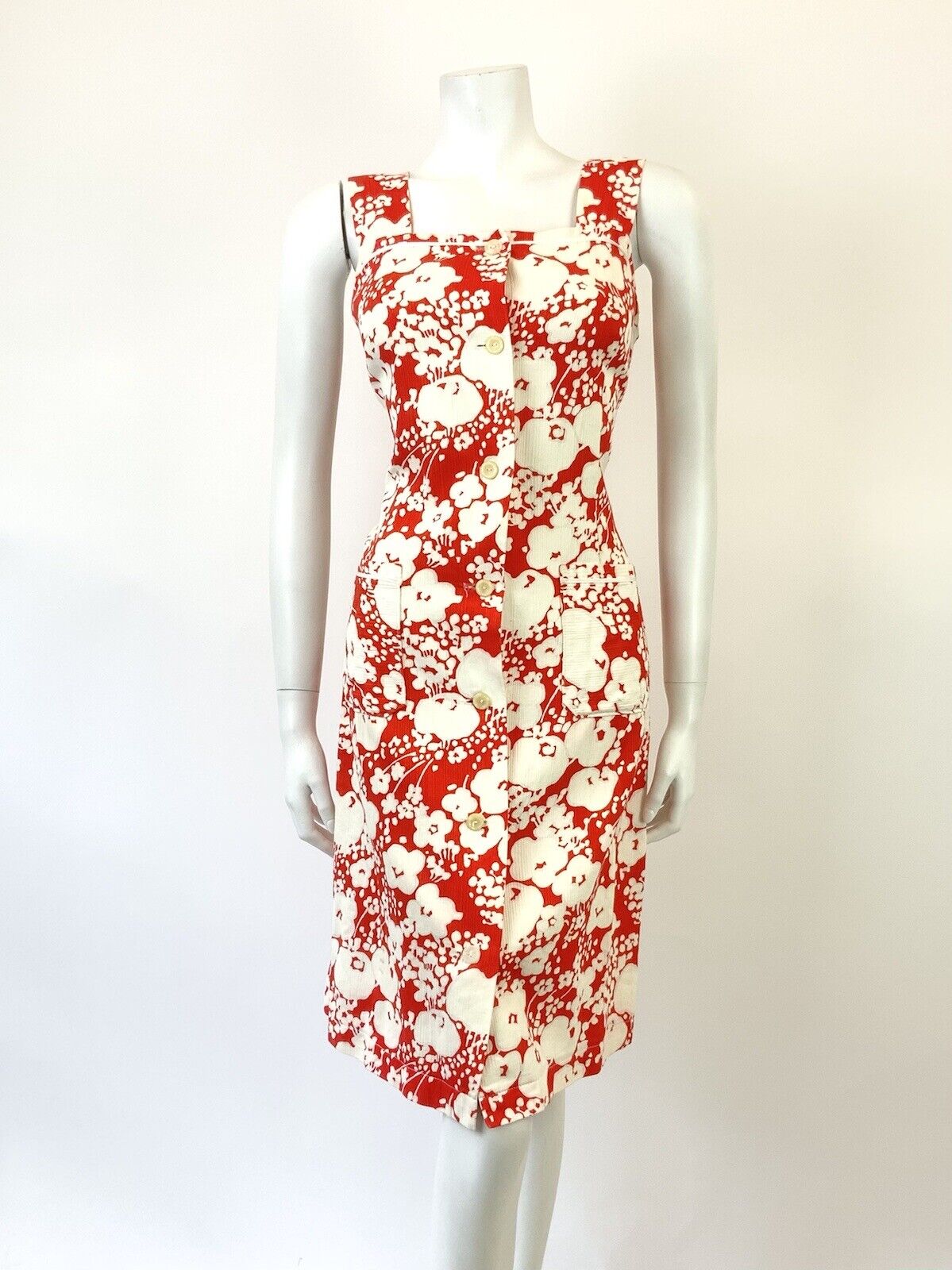 VINTAGE 60s 70s RED WHITE FLORAL PSYCHEDELIC PINAFORE SUMMER SUN DRESS 12