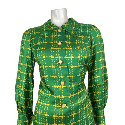 VINTAGE 60s 70s GREEN YELLOW CHECKED MOD DAGGER COLLAR SHIRT DRESS 12 14
