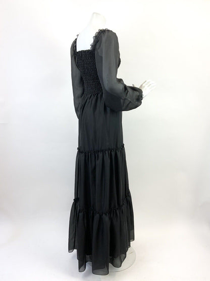 VINTAGE 60s 70s BLACK SHEER PUFF SLEEVE SHIRRED BOHO FOLK MAXI DRESS 4 6